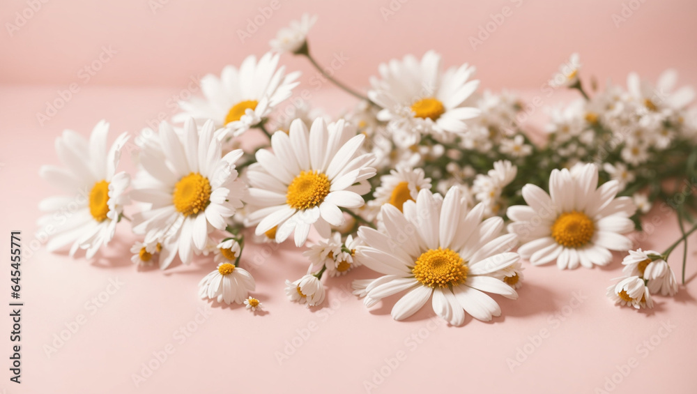 Minimal styled concept. White daisy chamomile flowers on pale pink background. Creative lifestyle, summer, spring concept. Copy space, flat lay, top view.