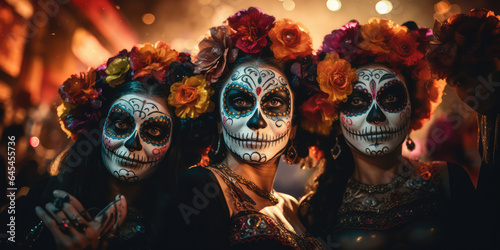 Girlfriends with Mexican skull makeup on their faces dressed for Day of the Dead in Mexico. © Bnetto