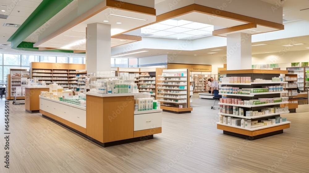 Obraz premium modern pharmacy's interior. photo showcases the clean and well-organized space where essential healthcare products and services are accessible to the community.