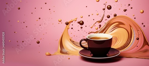 cup of coffee and liquid splashing out on pink background