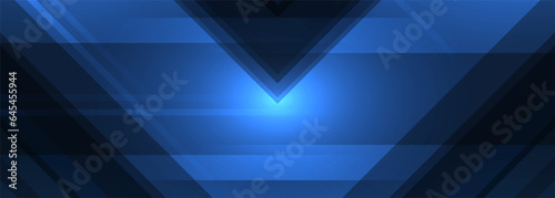 Abstract futuristic dark blue background with glowing geometric triangle shapes. Wide illustration vector banner.