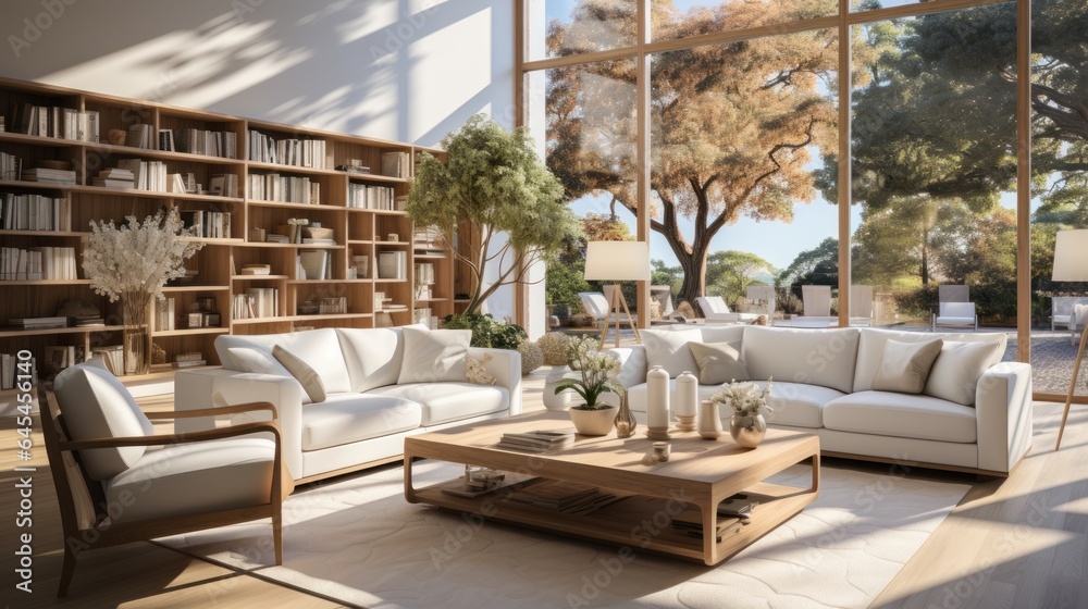 Interior of minimalist scandi living room in luxury villa. Stylish cushioned furniture, coffee table, bookshelves, panoramic windows overlooking scenic landscape. Ecodesign. 3D rendering.