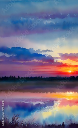 Watercolor sunset illustration.