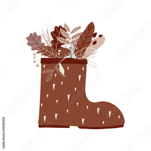 Autumn. Rubber boots with bright autumn leaves inside. Vector illustration. Flat design.