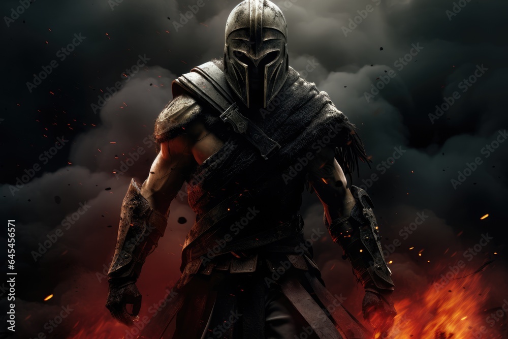 Fototapeta premium Enter the Realm of the Fearless Spartan, Draped in Imposing Full-Body Armor, Lost in an Epic Battle Amidst a Swirling Veil of Smoke and Mystery