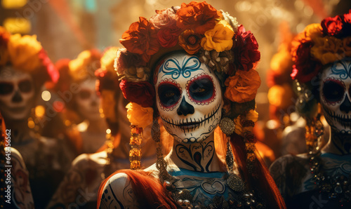 Beautiful woman with Mexican skulls makeup on her face and dressed for Day of the Dead in Mexico.