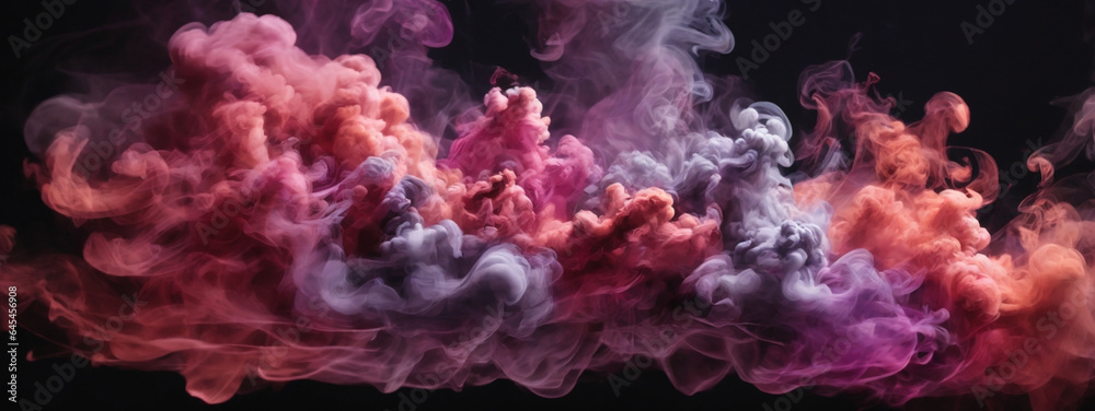 Dense multicolored smoke of red, purple and pink colors on a black isolated background.