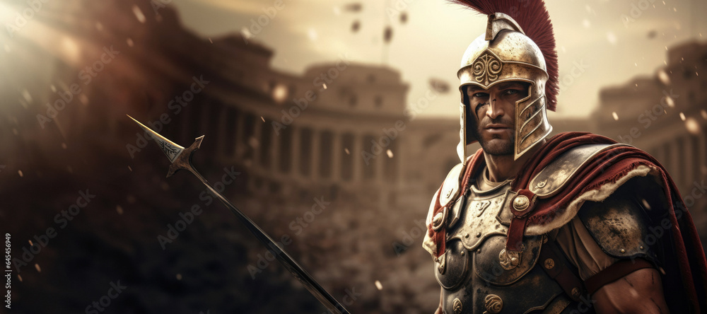 Majestic Gladiator: A Legendary Roman Gladiator in Glimmering Armor, Ready for Battle in the Colosseum.

 - obrazy, fototapety, plakaty 