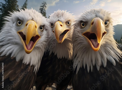 A group of eagles looking at the camera