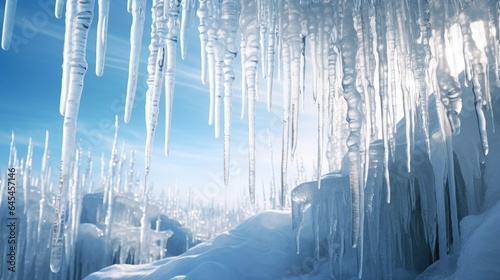 breathtaking image of beautiful  shiny transparent icicles delicately hanging on a clear day.