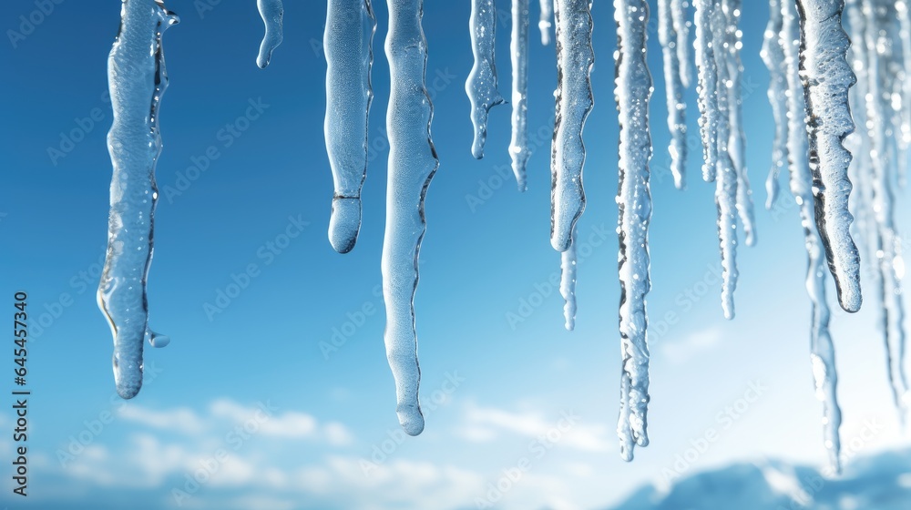 breathtaking image of beautiful, shiny transparent icicles delicately hanging on a clear day.