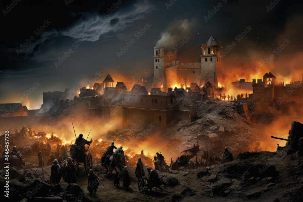 Epic Siege Chronicles: A Glimpse into the Siege of Antioch, with Crusader Forces Engaged - Soldiers Operating Siege Engines, Defending Walls, Illuminated by the Eerie Glow of the Moon.

