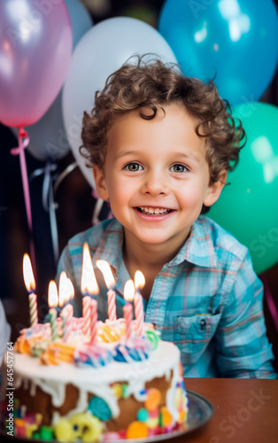 Little smiling and happy toddler celebrates his birthday with cake with candles on it