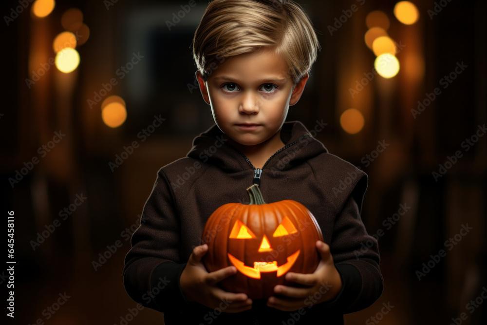 Φωτογραφία Teenage boy holds a pumpkin in his hands and looks into the camera, Halloween co