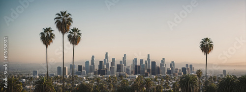 Los Angeles skyline with palm trees in the foreground photo