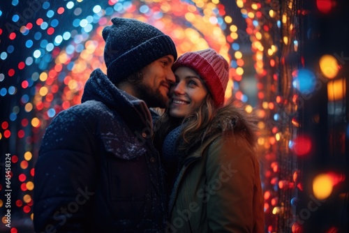 A Christmas Kiss: Enveloped in Festive Lights, a Couple Shares Their Romantic Holiday Love 