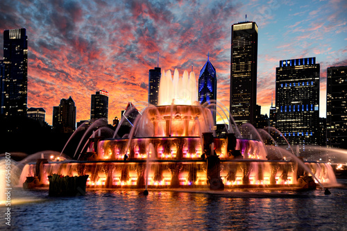 Sunset with a fiery sky above the Chicago City Fountain. 