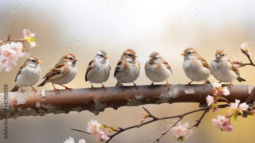 Photo from small and amusing sparrows perched together on a branch. © pvl0707