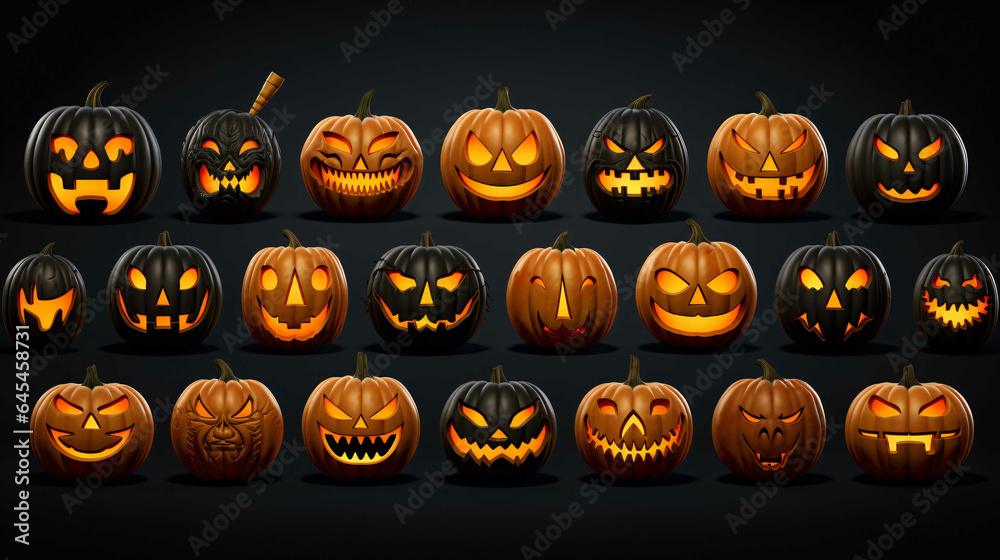 Jack-o'-Lantern Face Pack on Dark Background. Halloween Spooky Collection Jack-o'-Lantern Face Pack on Dark Background. Halloween Spooky Collection