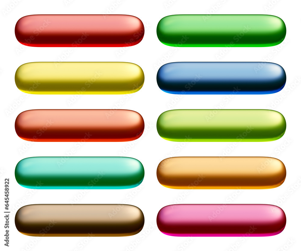 Set of round rectangle shape buttons in 3d rendering isolated on transparent background for text, infographic, web and frame concept.
Set of round rectangle shape buttons in 3d rendering isolated on transparent background for text, infographic, web and frame concept.