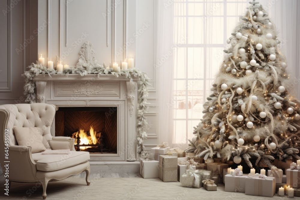 Christmas tree and gift boxes near the cozy fireplace in the traditional living interior Christmas tree and gift boxes near the cozy fireplace in the traditional living interior