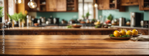 Wood table top on blur kitchen counter background.