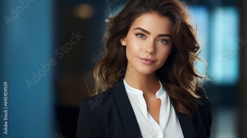 Portrait of beautiful young brunette woman in business suit, indoors.