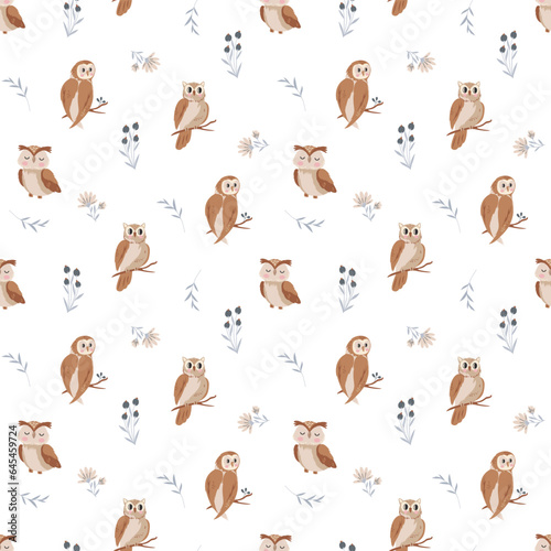Owls, Leaves and Flowers Seamless Baby Pattern. Hand-Drawn Vector Illustration. Creative Kids Texture For Fabric, Wrapping, Textile, Wallpaper, Apparel Etc.