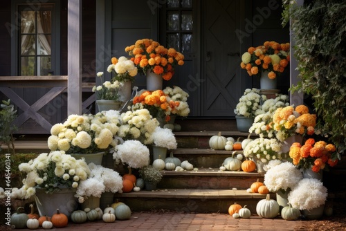 House entrance decorated with fall flowers and pumpkins. Thanksgiving, halloween, autumn holidays decoration