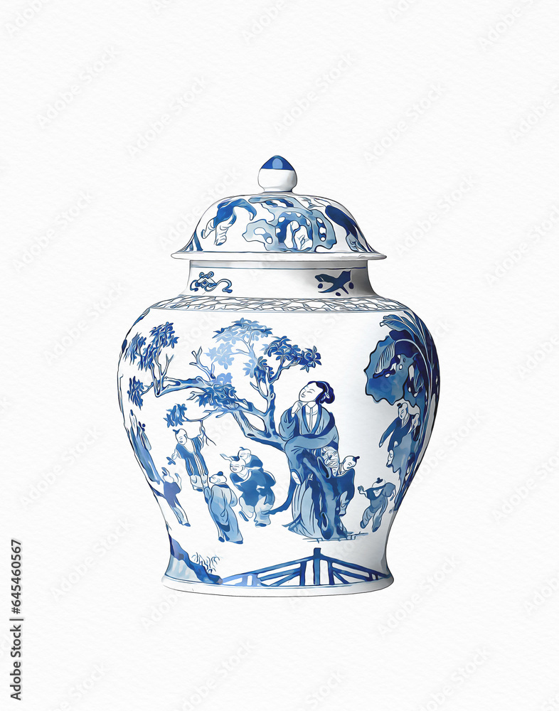Blue and white chinoiserie. Blue and white chinese porcelain Ginger Jar on white background.