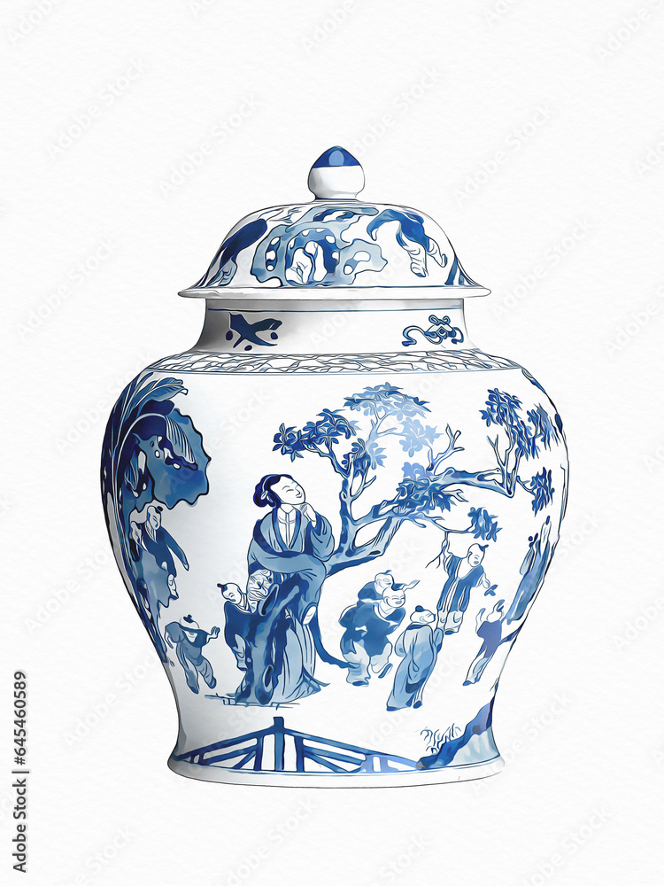 Blue and white chinoiserie. Blue and white chinese porcelain Ginger Jar on white background. Blue and white chinoiserie. Blue and white chinese porcelain Ginger Jar on white background.
