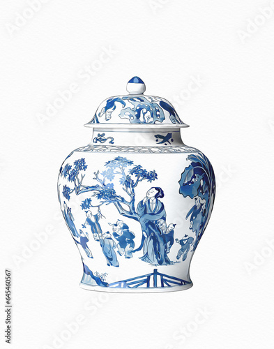 Blue and white chinoiserie. Blue and white chinese porcelain Ginger Jar on white background.