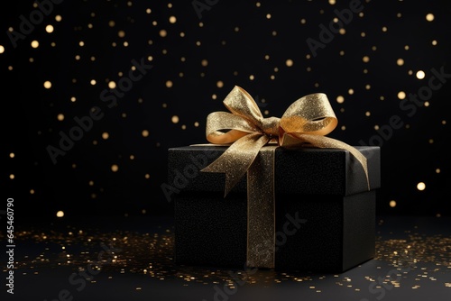Gift box and golden ribbon on black background with glitter. Black friday sale concept. Banner © netrun78