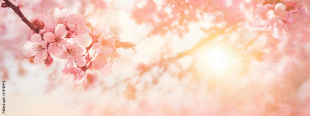 Spring border or background art with pink blossom. Beautiful nature scene with blooming tree and sun flare Spring border or background art with pink blossom. Beautiful nature scene with blooming tree and sun flare