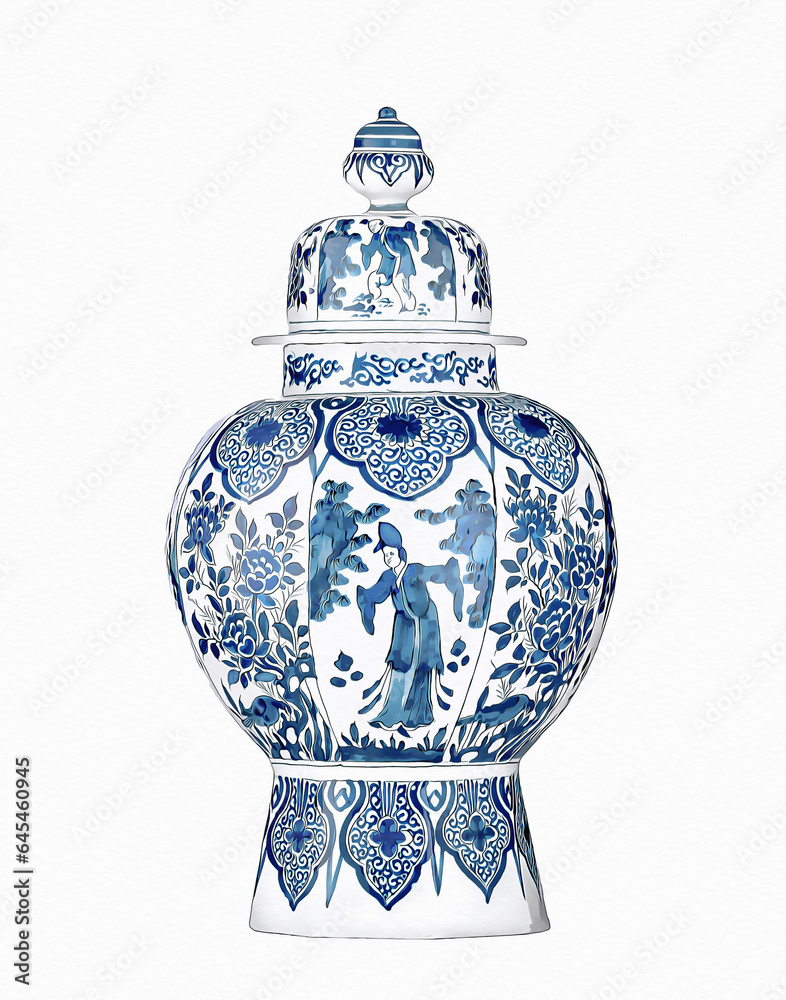 Blue and white chinoiserie. Blue and white chinese porcelain Ginger Jar on white background.