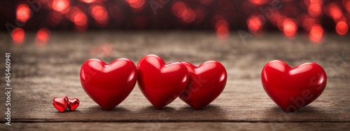Valentines day background with red hearts on wooden background