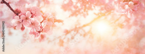 Spring border or background art with pink blossom. Beautiful nature scene with blooming tree and sun flare