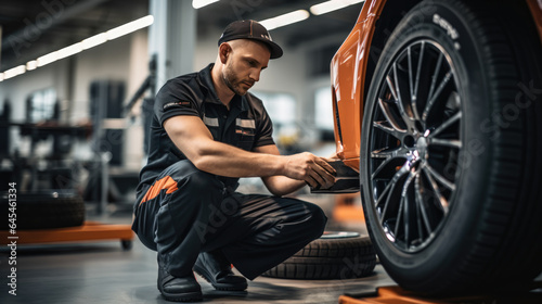 Car mechanic working in garage and changing wheel alloy tire. Repair or maintenance auto service. © MP Studio