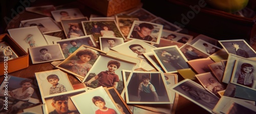 Nostalgic Flashback: A Collection of 80s and 90s Childhood Portraits Spread Out on a Table.

 photo