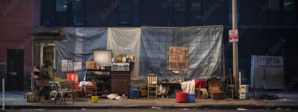 Homeless tent camp on a city street - obrazy, fototapety, plakaty 