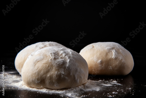 Raw dough balls and flour on black background