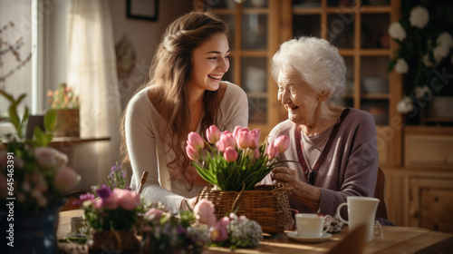 Granddaughter gives grandmother a bouquet of flowers for her birthday in honor of March 8 © MP Studio