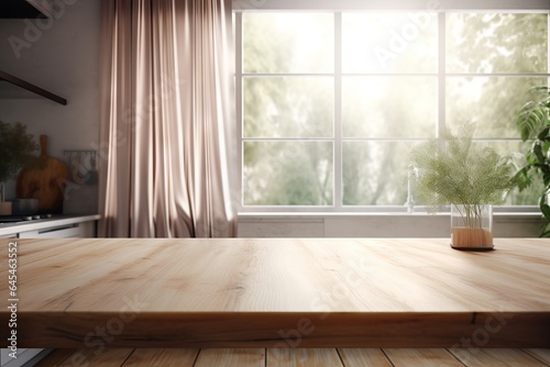 A rustic wooden table bathed in natural light from a window