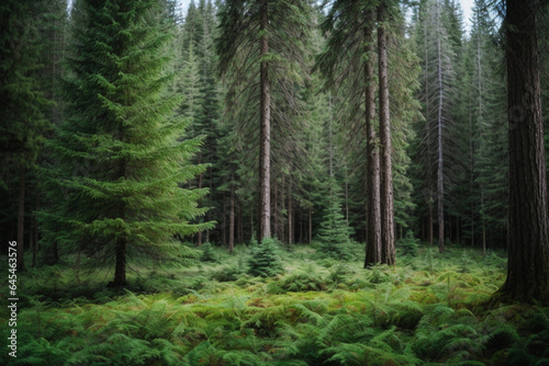 Healthy green trees in a forest of old spruce, fir and pine photo