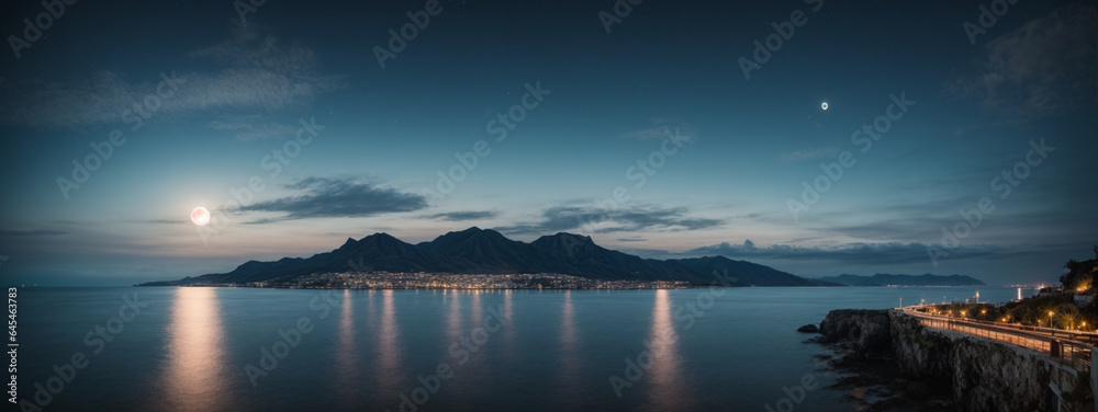 romantic and scenic panorama with full moon on sea to night