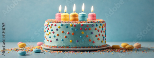 Birthday cake decorated with colorful sprinkles and  candles