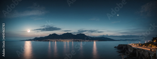 romantic and scenic panorama with full moon on sea to night © @uniturehd