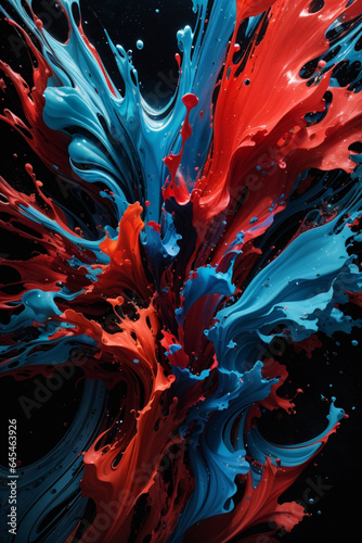 Acrylic blue and red colors in water. Ink blot. Abstract black background.