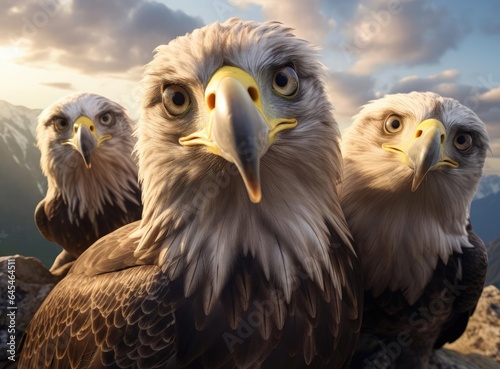 A group of eagles looking at the camera