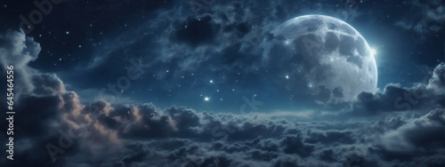 Romantic Moon In Starry Night Over Clouds